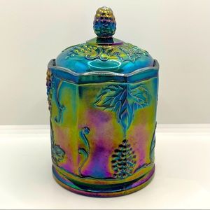 Vintage Indiana Grape Harvest Blue Carnival Glass Candy Dish/Canister w/lid 1971